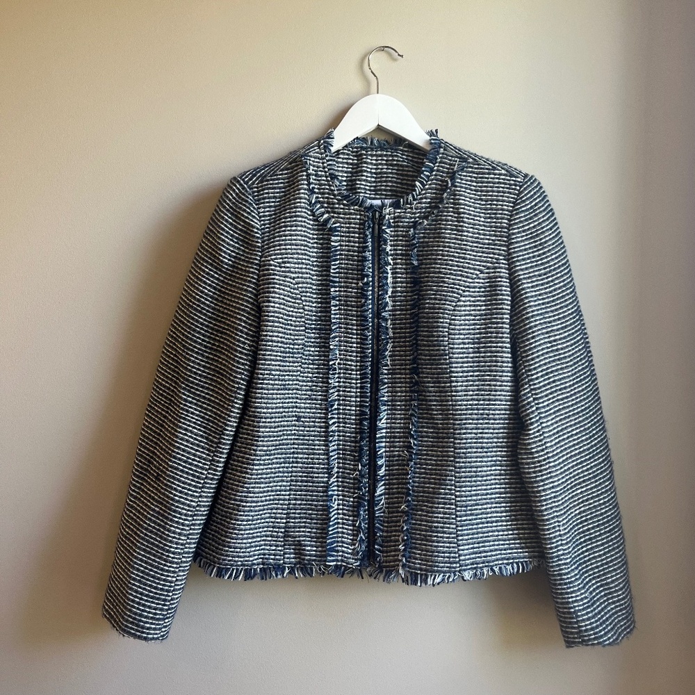 Christopher and Banks Tweed Fringe Knit Jacket in Blue/White/Grey